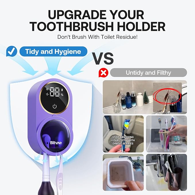 Bitvae Tooth Brush Holder for Bathroom, Infrared Sensing Toothbrush Cleaner, Wall-Mounted for Any Size Toothbrushes, Air Drying, LED Smart Screen, Purple