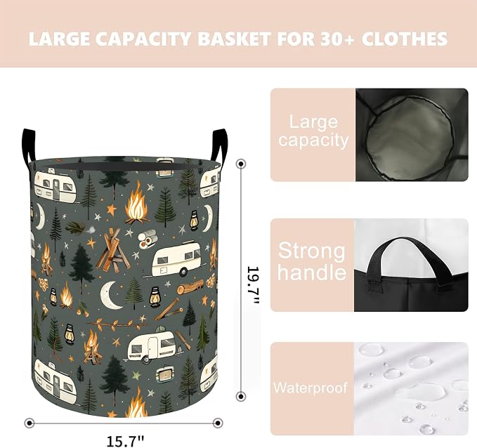 Camping Trailer Laundry Basket Hamper 19.7"x15.8", Organizer Bins Gifts for Kids Boys Girls, Retro Camper Foldable Waterproof Oxford Clothes Storage Bucket for Bedroom Bathroom Decor