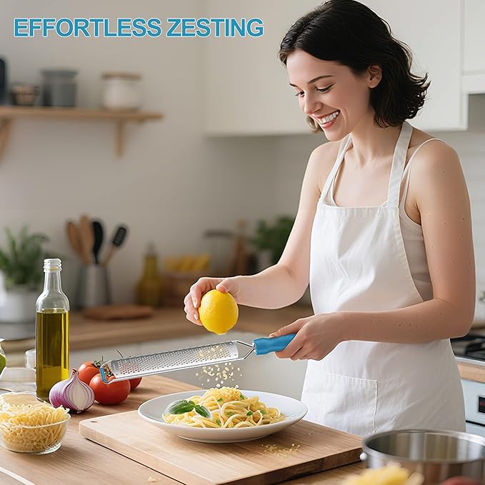 Zester Grater, Lemon Zester Grater with Handle, Premium Stainless Steel Citrus Zester for Parmesan, Garlic, Chocolate, Ginger, Non-Slip Grip, Safety Cover & Cleaning Brush, Blue