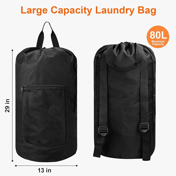 Laundry Bag Backpack Durable Laundry Bag with Shoulder Straps and Mesh Pockets Portable Laundry Hamper Dirty Clothes Bag for College, Travel, Laundromat, Apartment (Black)