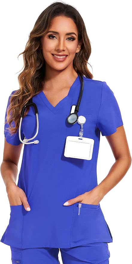 Scrubs Tops for Woman - Soft Stretch, V-Neck Tops | 3 Pockets, Side Split Design, Short Sleeve, Breathable & Lightweight Nursing Shirt, Easy-Care Fabric for All-Day Comfort