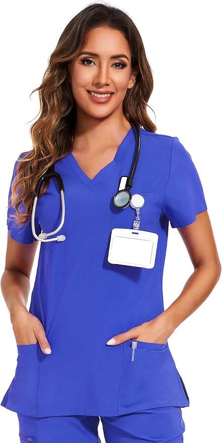 Scrubs Tops for Woman - Soft Stretch, V-Neck Tops | 3 Pockets, Side Split Design, Short Sleeve, Breathable & Lightweight Nursing Shirt, Easy-Care Fabric for All-Day Comfort