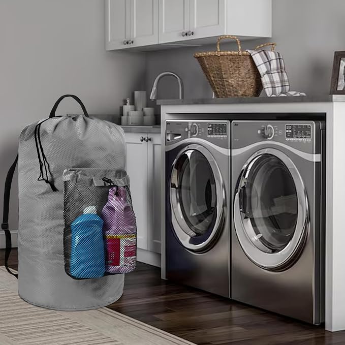 Laundry Bag with Shoulder Straps and Mesh Pocket Laundry Backpack Large Portable Laundry Hamper for College Laundromat Apartment (Gray)