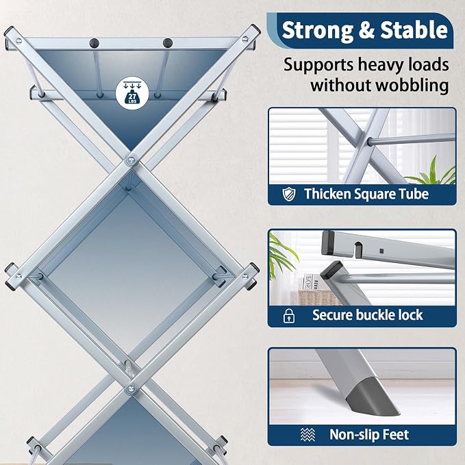 Whitmor Foldable Clothes Drying Rack: 3 Tier Laundry Drying Rack, Collapsible Drying Rack Clothing, Portable Space Saving Clothing Rack for Indoor Outdoor, 22.6" L × 14.6" W × 41.3" H, Gray