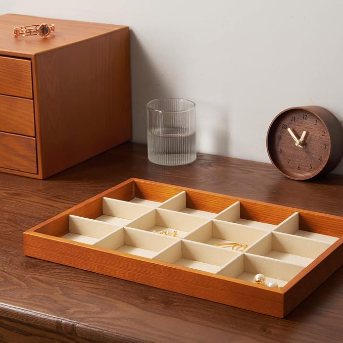 Oirlv Solid Wood Jewelry Tray,Jewelry Drawer Organizer,12 Grid(Cream) | Stackable Design,for Jewelry Necklaces Bracelets and Watches,Organizing and Presentinge Legantly on Dressers&in Dresser