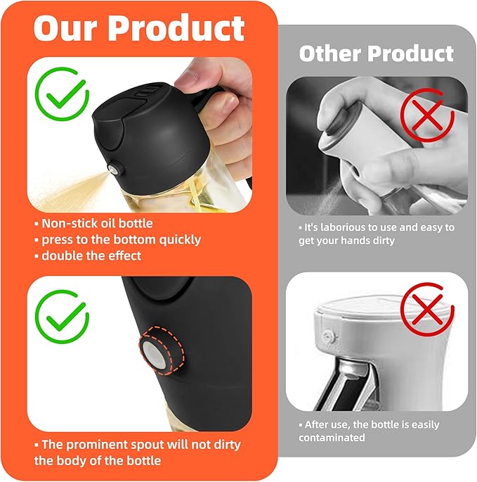 TrendPlain 16oz/470ml Glass Olive Oil Sprayer for Cooking – 2 in 1 Olive Oil Dispenser Bottle for Kitchen Gadgets and Air Fryer Accessories, Salad, BBQ - Black