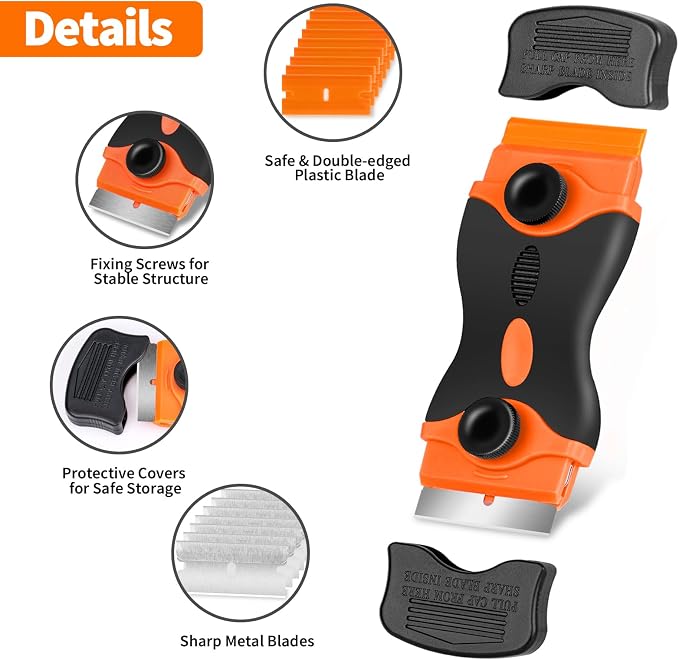 Razor Blade Scraper Tool - Razor Scraper with 40 Metal & Plastic Blades | Scrapper for Cleaning Paint, Decal, Adhesive, Label & Caulk, Glass Scraper for Window, Cooktop, Oven & Stove Top(Orange)