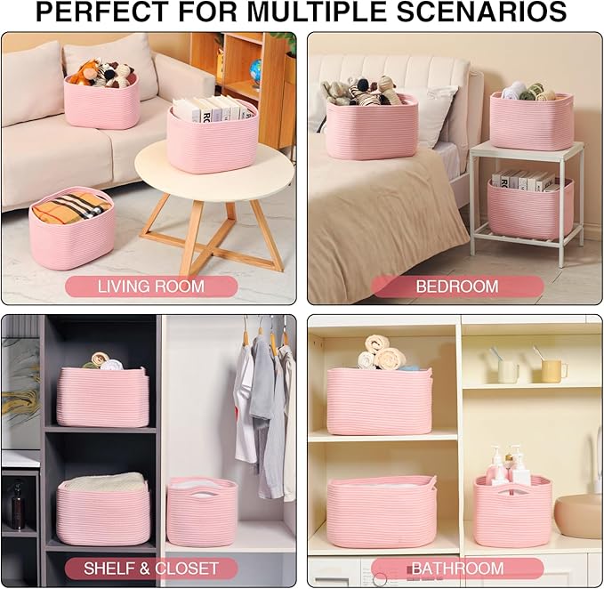 Pink Storage Baskets for Organizing Shelves, Woven Cotton Rope Baskets for Storage, Toy Basket for Kids, Cute Basket for Shelves Closet, 14.8"×11"×9.5", Pack of 3, Light Pink