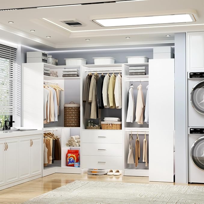 Aheaplus Closet System with 3 Drawers, 5 Hanging Rods & Corner Tower, Corner Closet System with Hanging, 88.8" U-Shaped Walk-In Wardrobe Organizer, 2000+ lbs Capacity, Set of 3,White