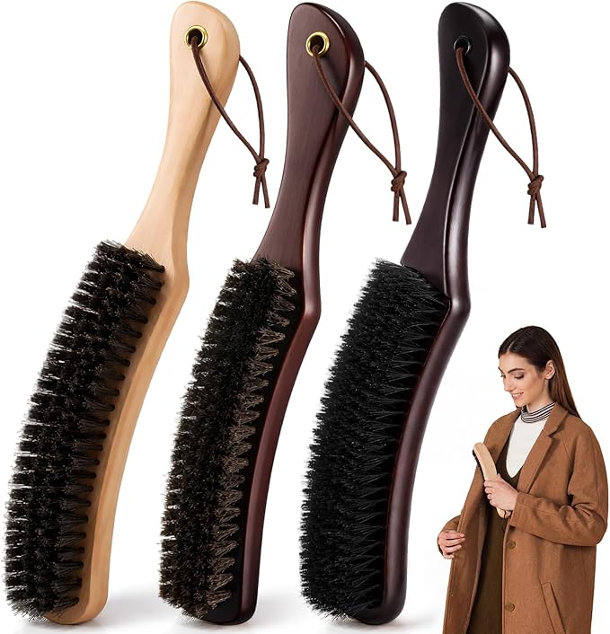 Thenshop 3 Pcs Clothes Brushes Large Beech Wood Handle Soft Horse Hair Bristle Lint Brush for Hat, Suits, Velvet, Suede, Shoe and Pet Hair