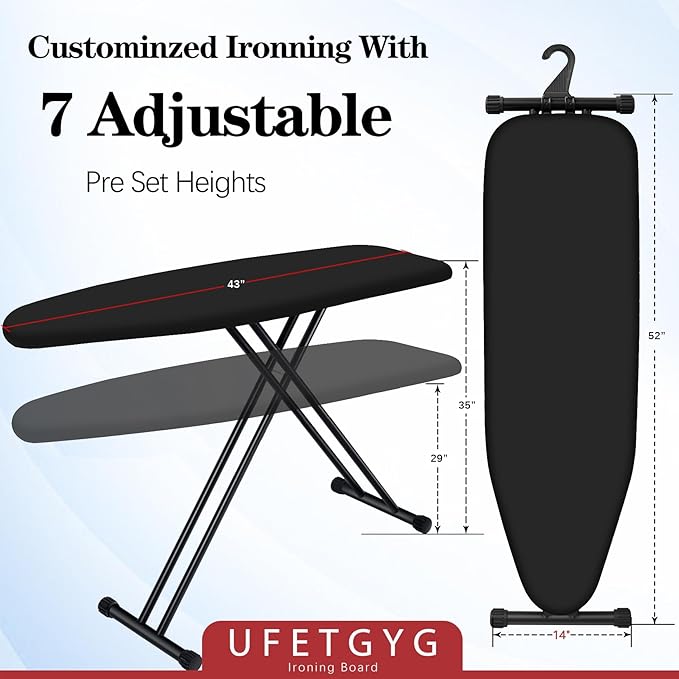 UFETGYG Ironing Board with Iron Rest,Extra Thick Cover,43x13 Compact and Space Saver Iron Board, Height Adjustable,Stable Structure, Easy to Fold, Black