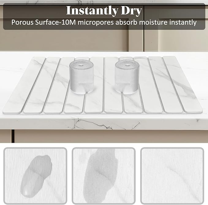 Large Stone Dish Drying Mat for Kitchen Counter, Foldable Quick Drying Dish Mats, Ultra Absorbent Diatomaceous Earth Mats for Dishes Bottles Cups, Match Any Countertop (White Marble 24"×16" & 8"x4")