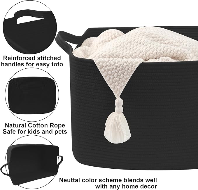 96L Woven Laundry Basket with Handles, Extra Blanket Basket,Black | 24"×16"×15" Collapsible Cotton Rope Storage Basket for Toys Clothes & Pillows, Nursery, Bathroom, Bedroom, Living Room