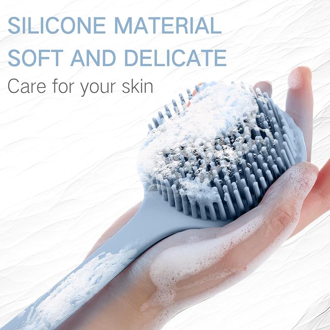 Sunnyray 2 Pack Silicone Back Scrubber for Shower with 15" Long Handle Double-Sided Bath Body Brush for Exfoliating Easy to Clean Quick Dry Deep Cleaning Lathers Well(Gray Blue)