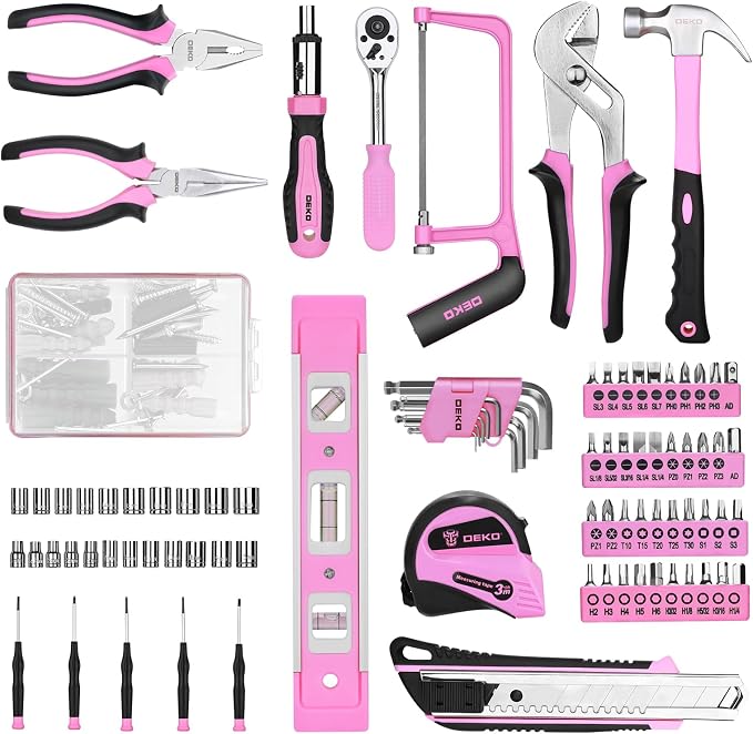 DEKOPRO Tool Set: 228 Piece Home Tool Kit, Household Basic Repair Tool Set Comes with Storage ToolBox, Socket Wrench Set for Car, Hand Tool Box Set for Home - Pink