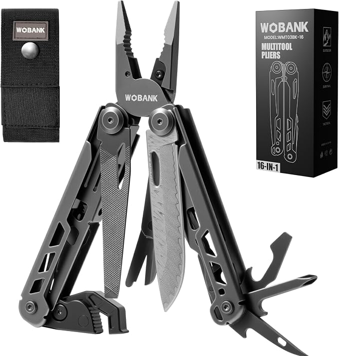 16-in-1 Multitool Pliers, Full-size, EDC Knife, Stainless Steel | Scissors, Damascus Pocket Knife, Nylon Sheath, Adjustable Hex Wrench, Survival, Camping, Hiking, Repair, Gift for Men Dad