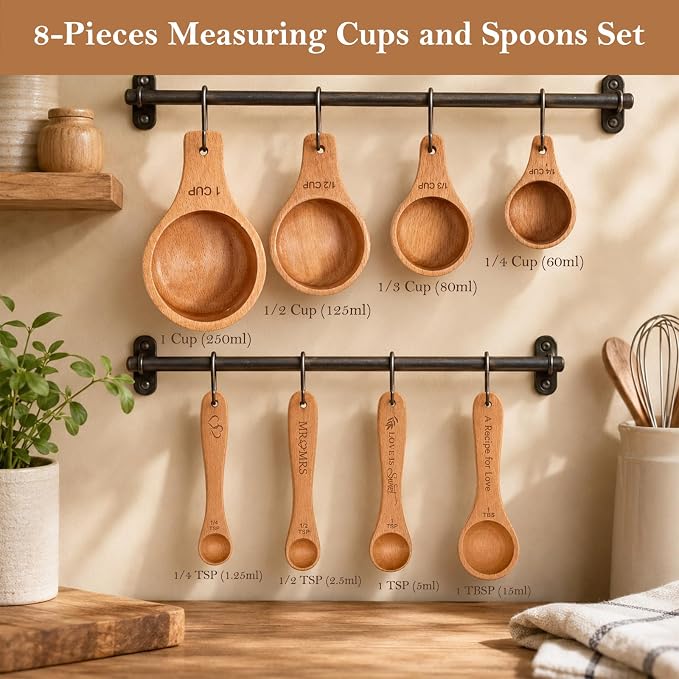 Wedding Gifts for Couple, Mr ＆ Mrs Wooden Measuring Cups and Spoons Set, Engagement Gift for Newly Engaged, Bridal Shower and Bachelorette Gifts for Bride, Kitchen Gadgets for Cooking & Baking