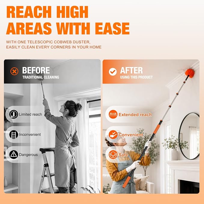 LAANPOLE 12FT Cobweb Duster with Extension Pole, Spider Web Brush for Cleaning Extendable, Professional Ceiling and Corner Dusters for Outdoor Indoor Use