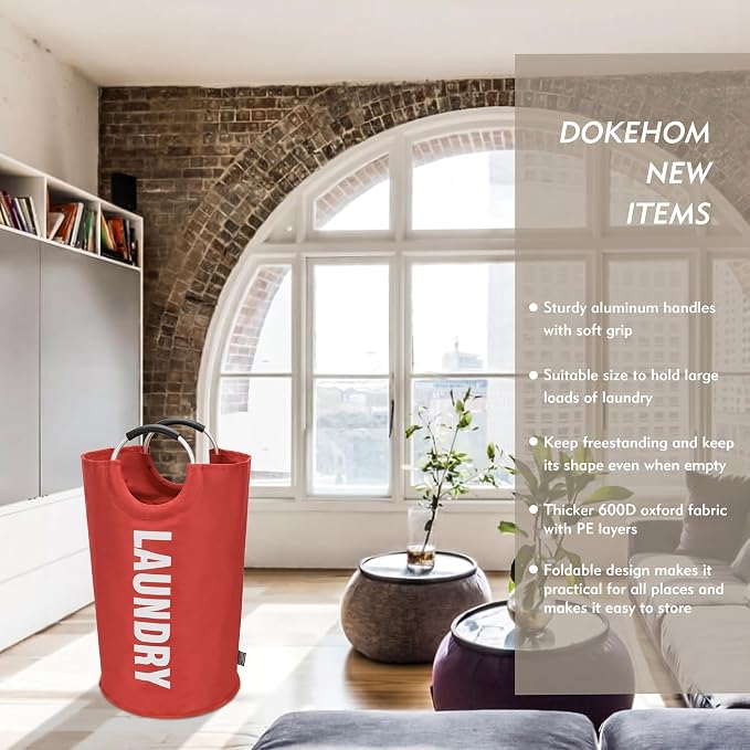 DOKEHOM 90L Large Laundry Basket Bag, Collapsible Tall Hamper, Red | Freestanding tall washing bin & foldable laundry bag. High-capacity clothes storage basket with durable sturdy handles
