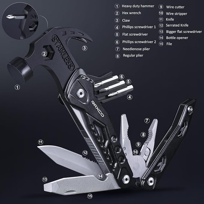 15-in-1 Multi-Tool Claw Hammer Pliers, Rigid Pouch | Screwdrivers,File,Camping Household Garden Tools,Gift for Men