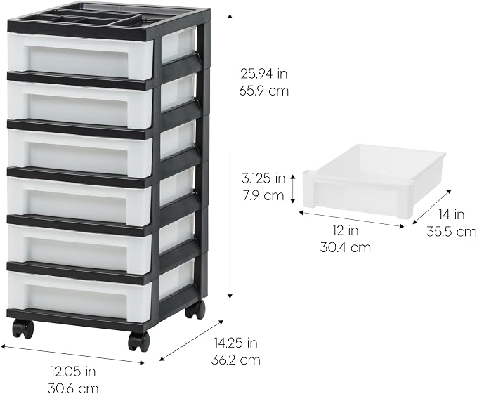 IRIS USA 6-Drawer Rolling Storage Cart with Organizer Top, Black/Pearl | Keep craft supplies, office essentials, classroom items, and accessories organized with easy-access drawers for daily use