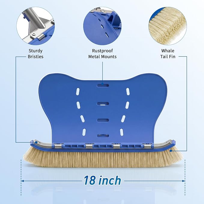 Pool Brush with Brush Tail for Cleaning Pool Walls Using Water Pressure, 18" Tough Plastic Bristles Pool Brush Head with EZ Clips Fit Most Poles (Pole not Included)
