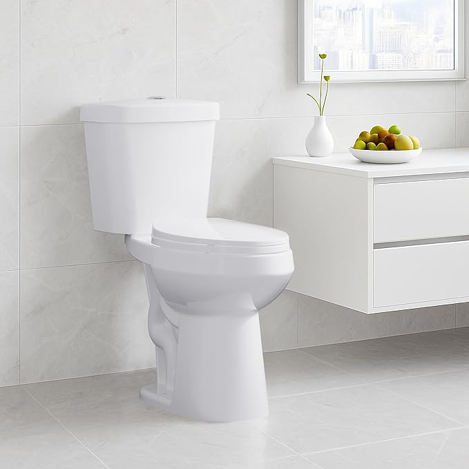 Two Piece Toilet 19 inch Chair Height Elongated Bowl, Top Dual Push, High Seat Toilet for Elderly, Comfortable Bathroom Toilet with Soft-Close Seat White