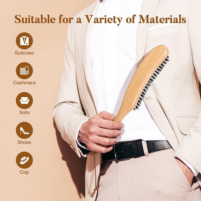 Clothes Brush, Boar Bristle Hat Brush Lint Brush for Suits, Cashmere, Wool, Velvet, Suede and Pet Hair, Large Beech Handle