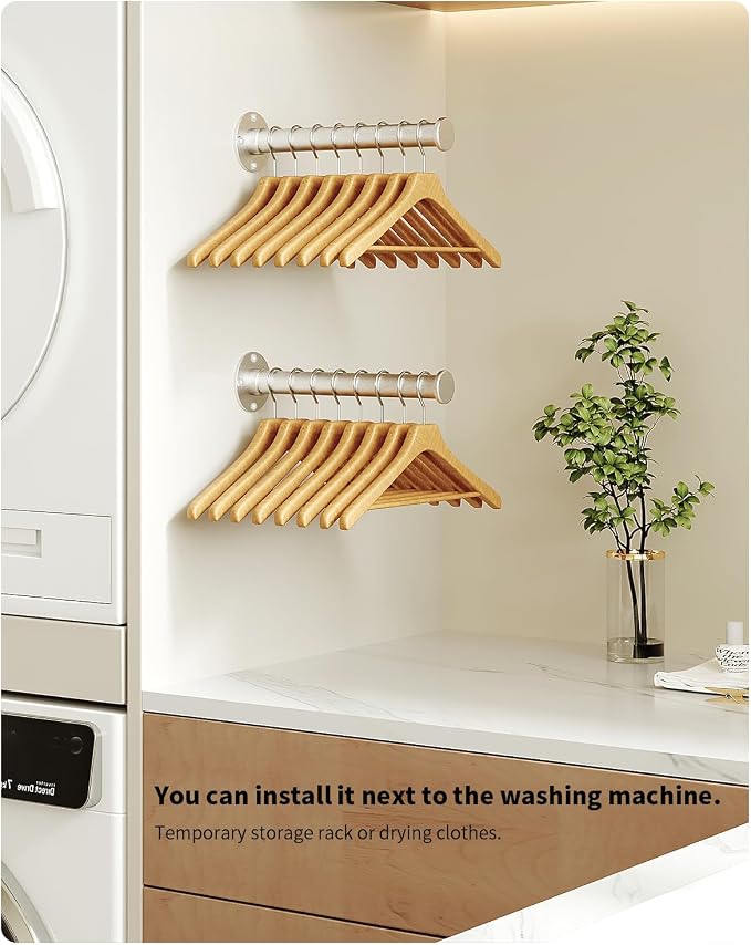 Metal Wall Mounted Clothes Rack, Aluminium Alloy Clothing Rack for Hanging Garments Wardrobe, Bedroom, Closet Organisation and Storage, Silver Color 8 Inches 2 Packs for Floating Shelves