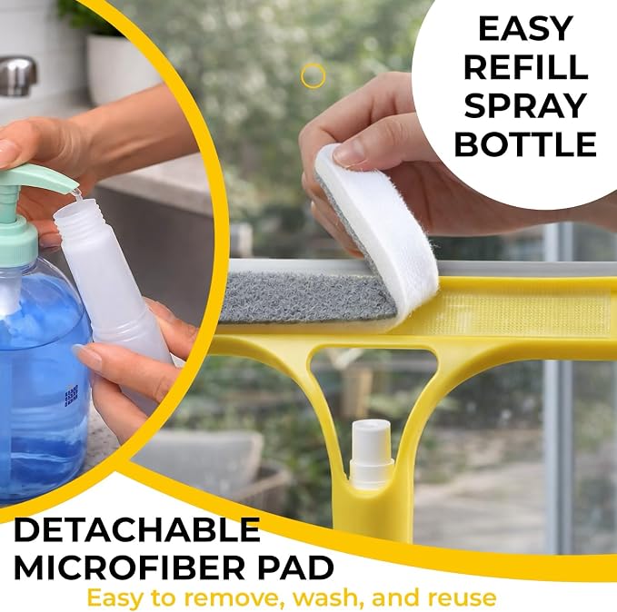 3-in-1 Window Squeegee with Spray Bottle, Handheld Glass Cleaning Tool with Microfiber Scrubber and Silicone Blade, Refillable Window Cleaner for Mirrors, Shower Doors, Tiles & Car Windows (Blue)