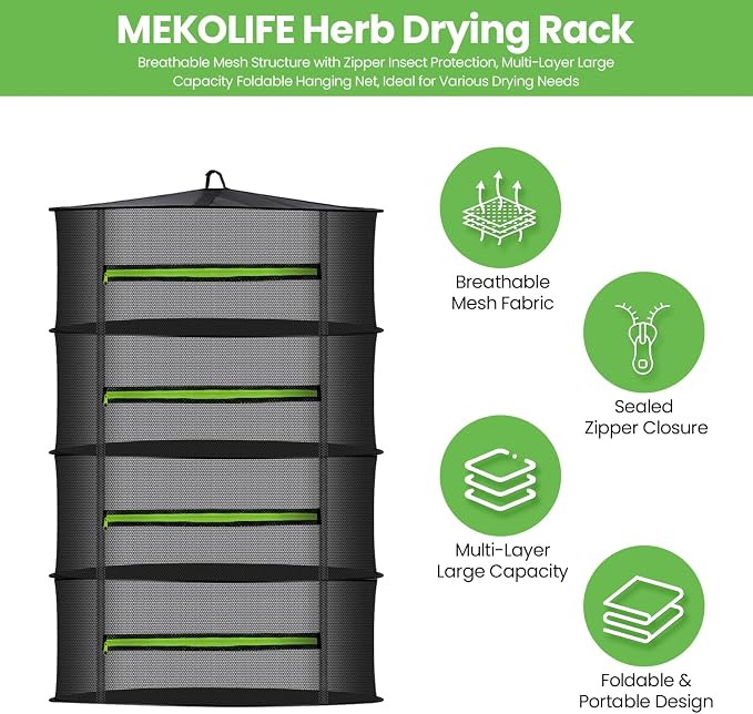 MEKOLIFE 4-Tier Herb Drying Rack Hanging Mesh | 23.62" mesh dryer with zipper, hooks and pruning shears, for indoor and outdoor herbs, seafood, flowers and plants