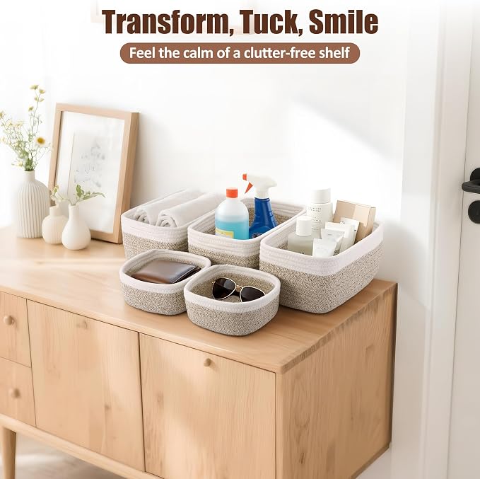 5-Pack Small Woven Rope Storage Baskets – 2 Sizes Organizer Bins for Closet, Shelf, Bookshelf, Nursery, Changing Table, Fabric Cube Boxes, Rectangular Shallow Bins for Bathroom, Toy & Home
