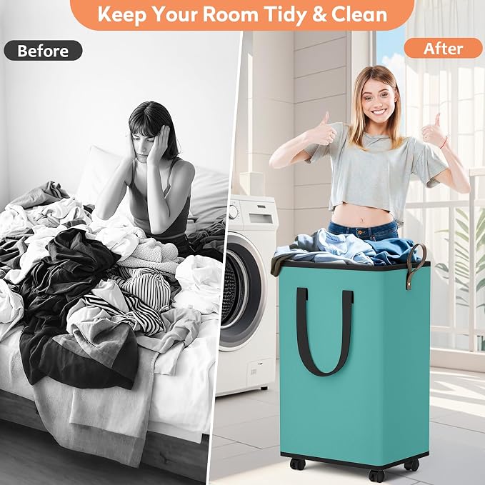 SpaceTrove Rolling Laundry Basket with Wheels, Laundry Hamper, 80L, Green | Collapsible, 4 detachable wheels including 2 with brakes, sturdy handle, metal frame, for dorms, bathrooms and bedrooms
