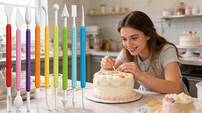 9-Piece Fondant Sculpting Tool Set - Plastic Cake Decorating Pens for Flower Modeling & Baking