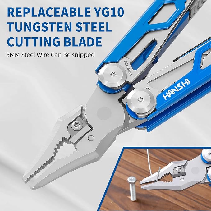 HANSHI Multitool Pliers, 22-in-1 YG10 Tungsten Steel Multi Tool with Scissors,Replaceable Wire Cutters, Flint, Window Breaker, Back Clip,Ideal for Camping, Survival and Gift(Blue)