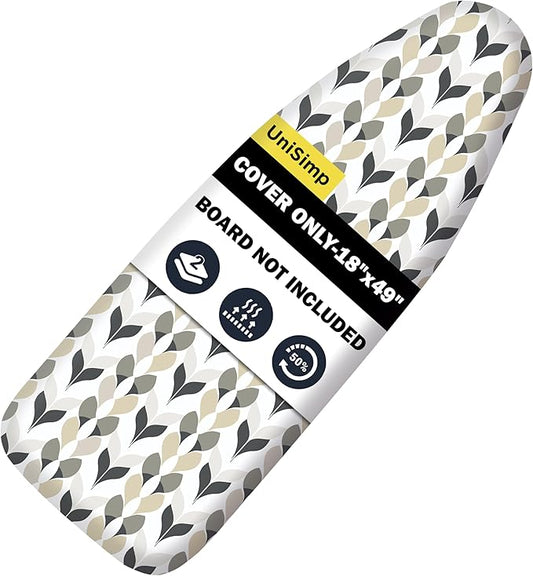 UniSimp Ironing Board Cover and Pad 18"x49" Extra Thick Natural Cotton, Scorch and Stain Resistant Iron Board Cover, Wide Ironing Board Cover with Fasteners Heavy Duty Heatproof Elastic Edge Foliage