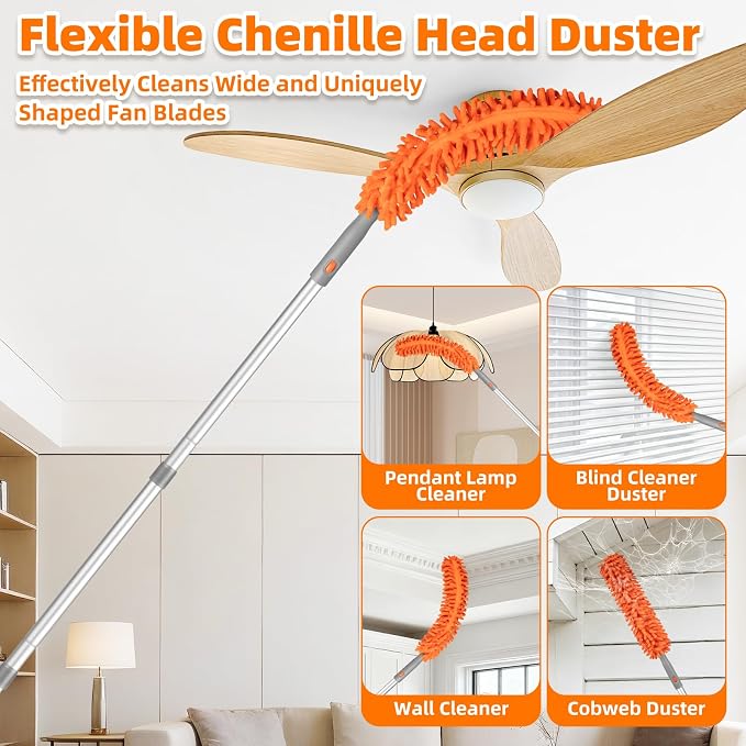 Ceiling Fan Cleaner Duster with 6 Ft/77'' Extension Pole, Multi-Functional | Fan Cleaner Duster Brush Kit for Clean Fan Blade, Baseboard, Blind, Cobweb, High Ceiling Walls - Reusable & Machine Washable