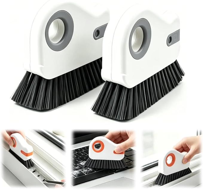 2-in-1 Groove Cleaning Brush with Hidden Scraper, Hard Bristle Crevice Cleaning Tool for Sliding Door Track, Window Sill, Window Seal, Tile Gaps, Kitchen & Bathroom Corners (Gray*2)