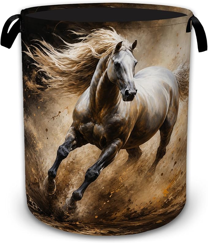 Running White Horse Decorative Laundry Hamper, Tall Foldable Oxford Clothes Basket with Handles, Lightweight Dirty Clothes Holder for Bedroom Bathroom Laundry Room