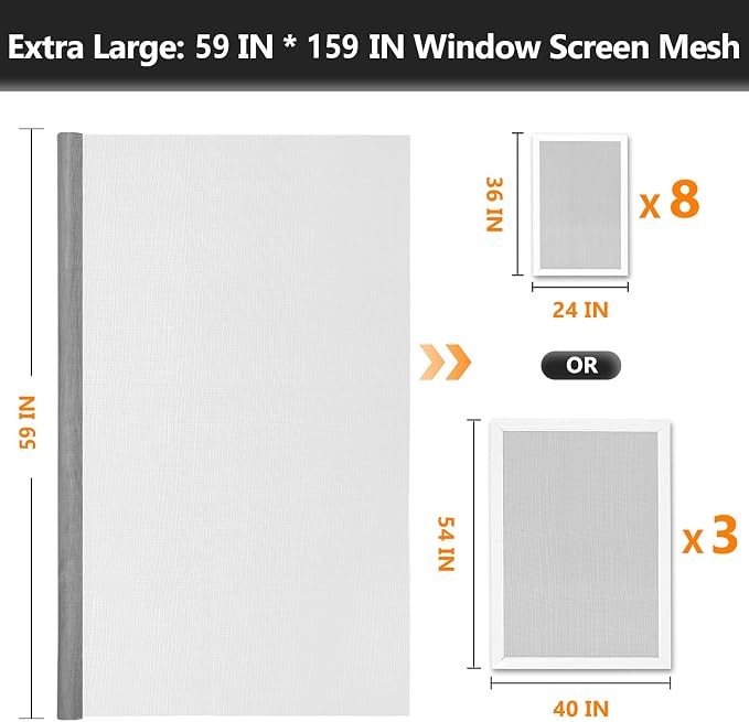 Secopad Window Screen and Screen Door Mesh Repair Kit, Grey, 59in x 159in | Replacement Tools Kit, Easy to Install, Extra Large, Durable Fiberglass, Pet and Kid Friendly, For Window Door Patio & Porch