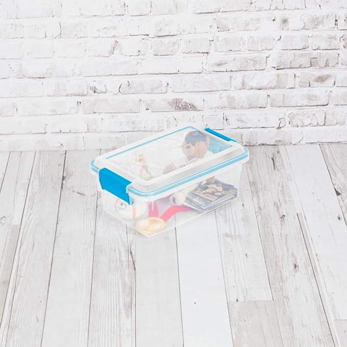 Sterilite Gasket Storage Box with Lids for Home & Office, 7.5 Quart, 6-Pack | Heavy-Duty, Stackable, and Organizing Containers for Bathroom, Cabinet, Closet, and Garage, Clear and Blue Aquarium Latches