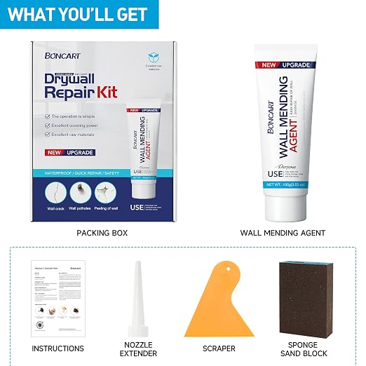 BONCART Spackle Wall Repair Kit, Wall Mending Agent Putty with Tools | Includes Scraper And Sanding Sponge. For Wall Cracks, Nail Holes, And Graffiti