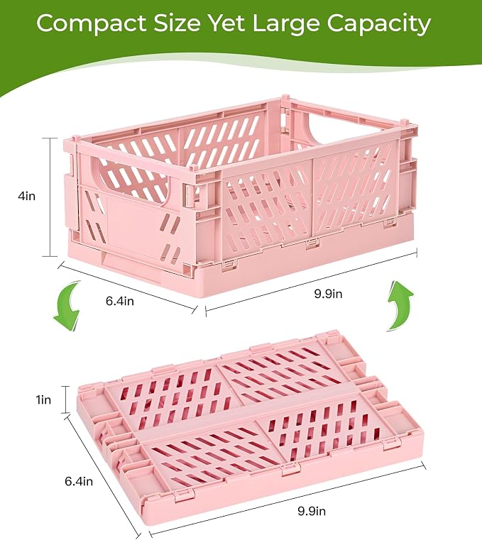 HUUSMOT 4-Pack Collapsible Plastic Storage Baskets, Pink, 9.8"x6.5"x3.8" | Pastel, Space-Saving, Collapsible Plastic Bins, Cute Mini Storage Crates, for Classroom, Kitchen, Office, Bedroom