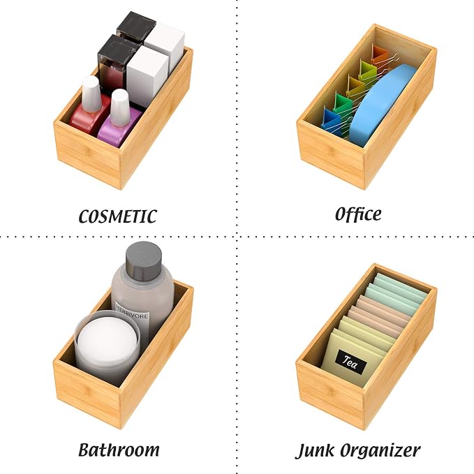 Bamboo Drawer Organizer Utensil Holder for Kitchen, Small Wood Silverware Storage Organizer, Stackable Box Tray for Cutlery, Flatware, Bathroom Caddy for Makeup, Perfume, Jewelry, 6x3x2.5 Inch | Wooden Silverware Tray Cutlery Holder Flatware Containers...