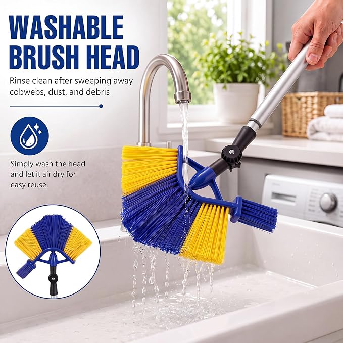Cobweb Duster with 6ft Extension Pole and Adjustable Angle Brush | telescopic cobweb duster, with adjustable angle head, small detail brush for ceilings, corners, fans and outdoor areas