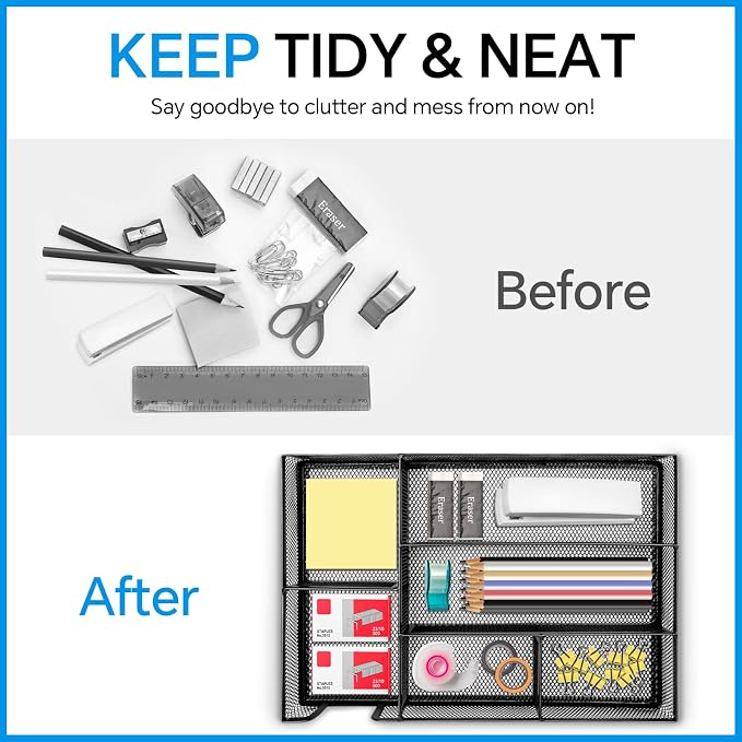 Desk Drawer Organizer, Office Drawer Divider Organizer Tray with 6 Compartments, Metal Mesh Desktop Organization and Accessories for Stationery Makeup Kitchen Toolroom School ＆Office, 12.6x8.27x1.6 in