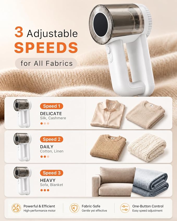 Fabric Shaver Rechargeable, 9500RPM Electric Lint Remover with 3× Stainless Steel 6-Blade Heads, 3-Speed Adjustable for Clothes, Furniture, Sofa, Blanket, LED Display, 2-in-1 Lint Brush Included