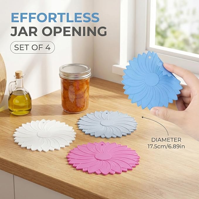 4 Pack Silicone Jar Opener Gripper Pads, Non-Slip Grippers for Opening Jars, Easy-Twist Jar Openers for Weak Hands and Seniors, Dishwasher Safe, Heat Resistant (Neutral Colors)