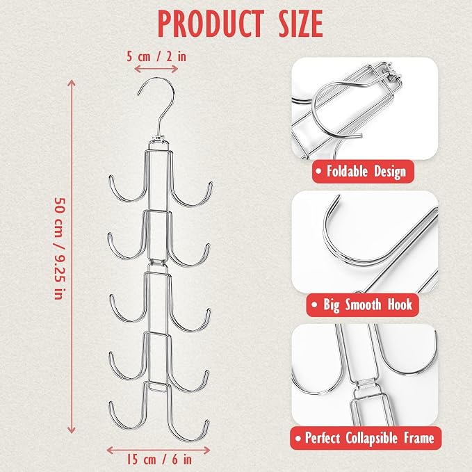 2 Pack Purse Organizer for Closet, Upgraded Purse Hangers with 20 Big Hooks, 360 Degree Rotation for Better Organizer and Display, Collapsible Space Saving Hangers Rack for Handbag, Tie, Silver