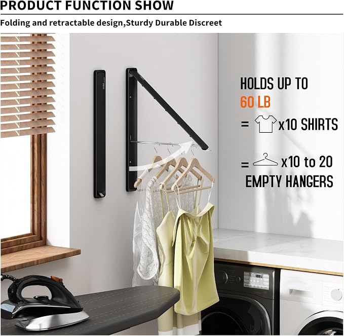 Folding Clothes Hanger Rack Wall mounted for Laundry Clothes Drying Rack | Foldable Hanger Rack Laundry Hanger Dryer Rack, Easy to Install, Closet Storage Organization, Space Saving Aluminium, Black